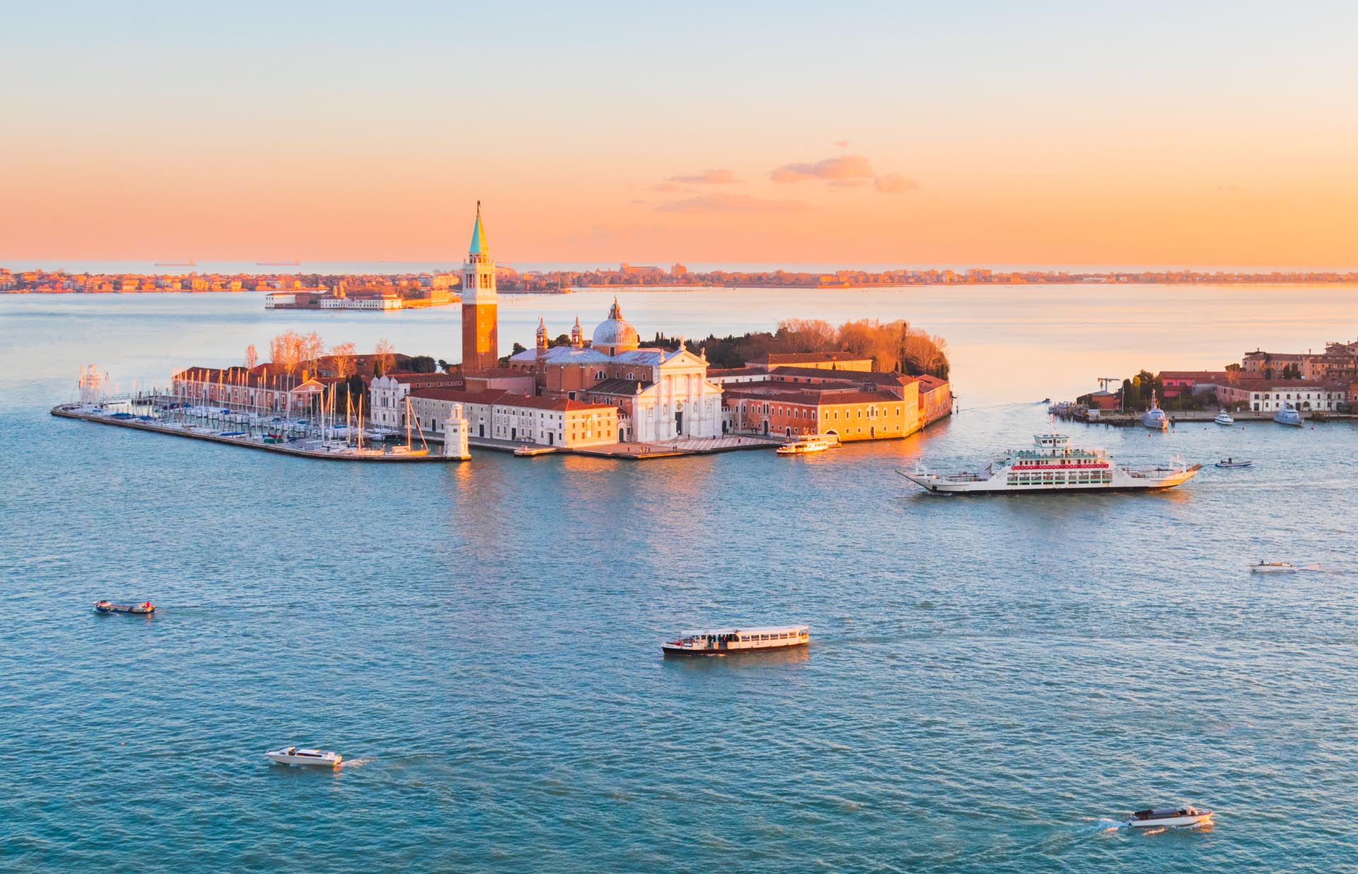 view of Venice from St Mark's campanile at sunset in winter