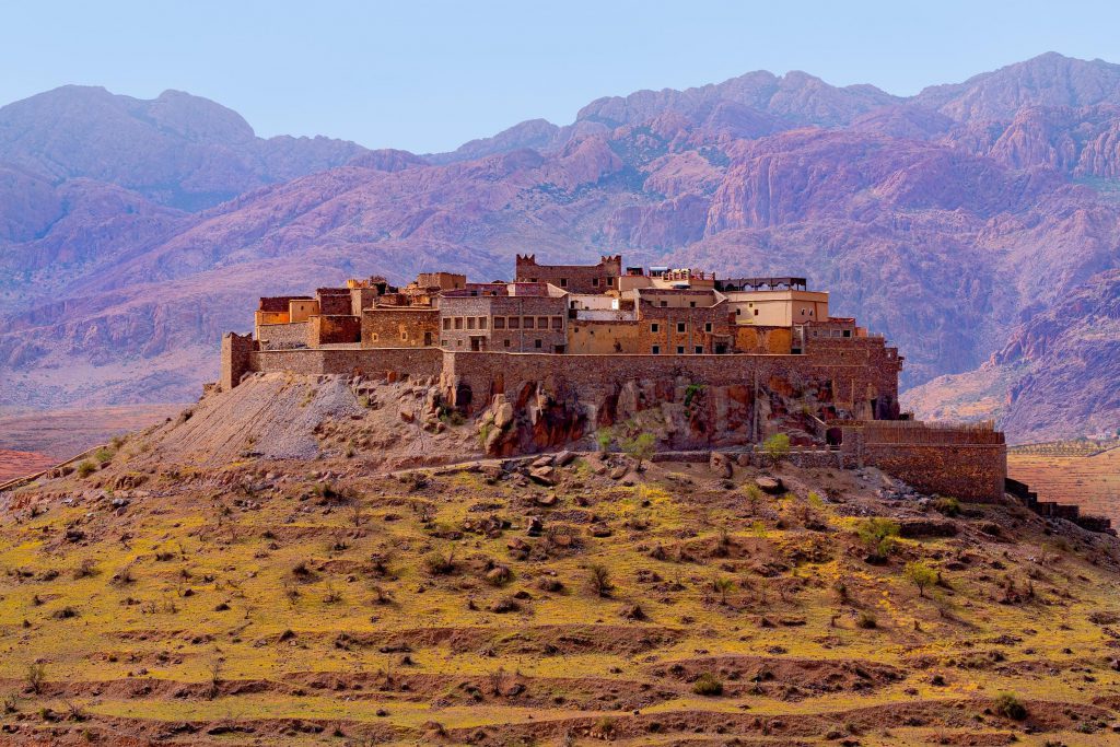 Village perched on a hilltop in Morocco's mountainous landscape