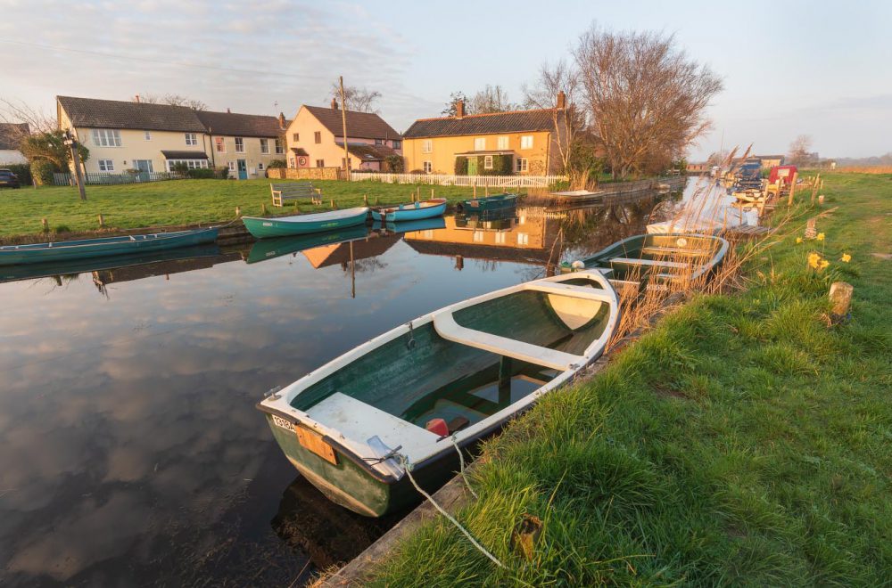 Spring morning in West Somerton, Norfolk, with boats and daffodils