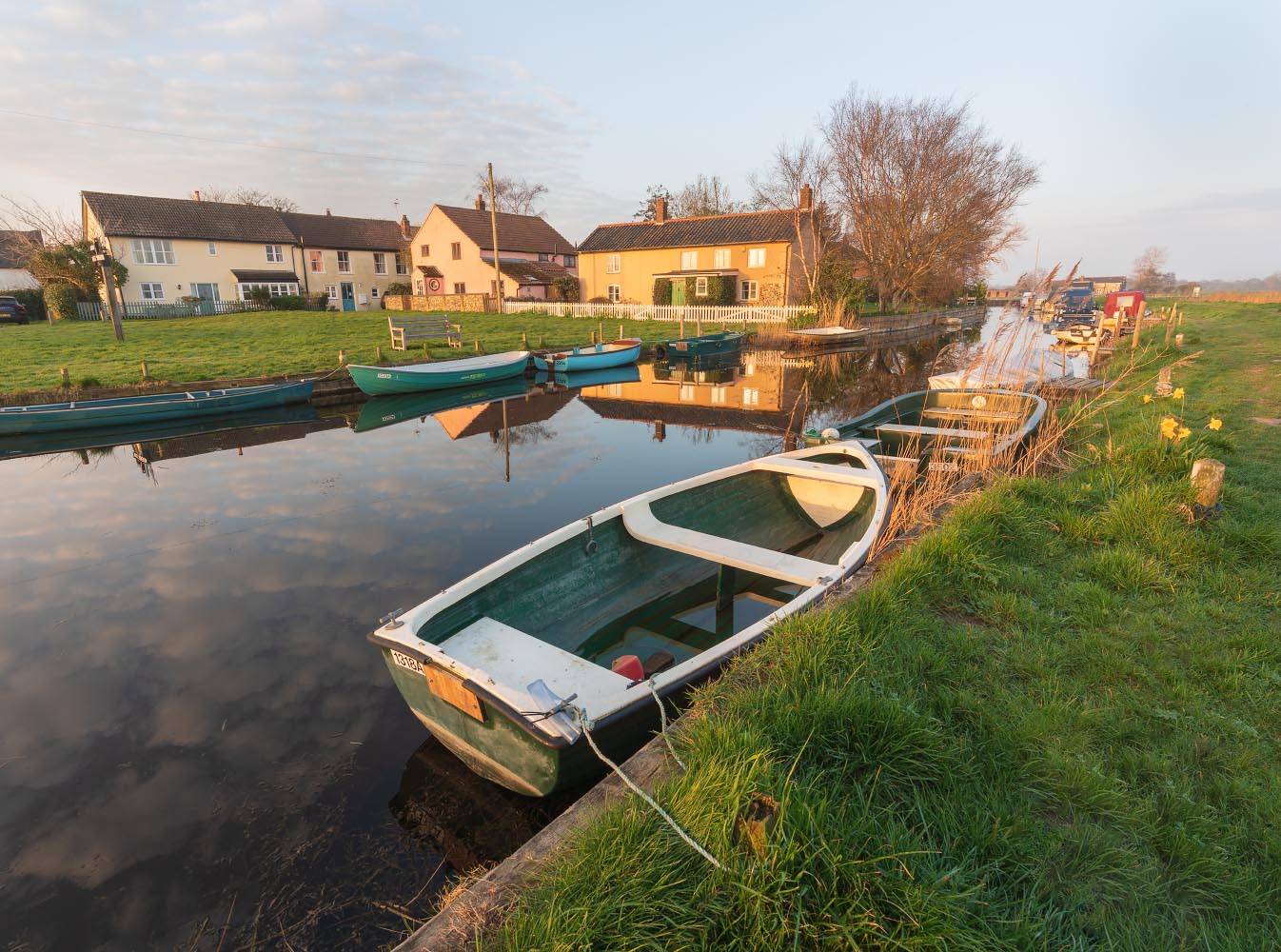Spring morning in West Somerton, Norfolk, with boats and daffodils