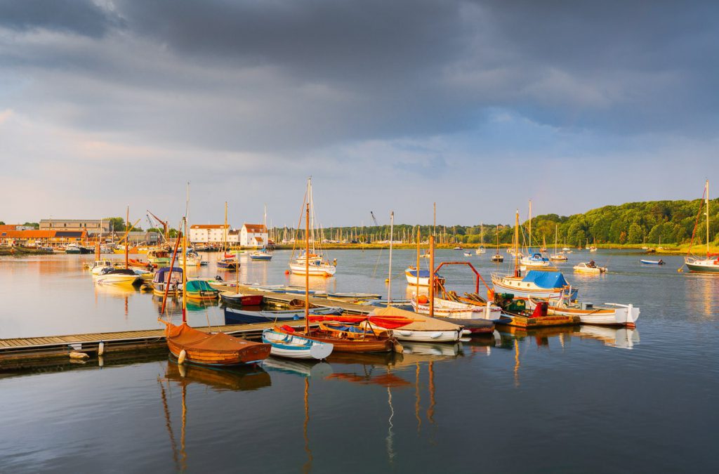 Dramatic sunset over boats in Woodbridge, Suffolk, England